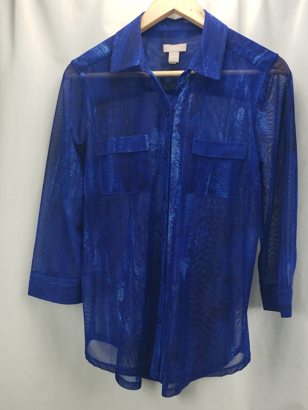 Chico's Sheer Button Up Blouse Blue Sleeves Size 1 (Medium)